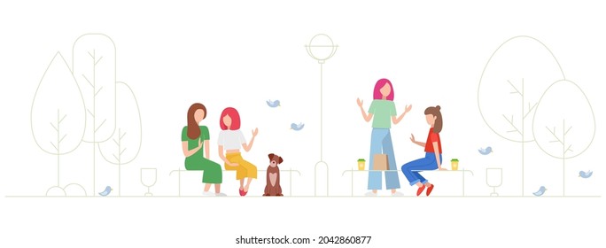 Vector illustration of people in the park. Flat illustration of people. The women are talking. Walking the dog in the park.