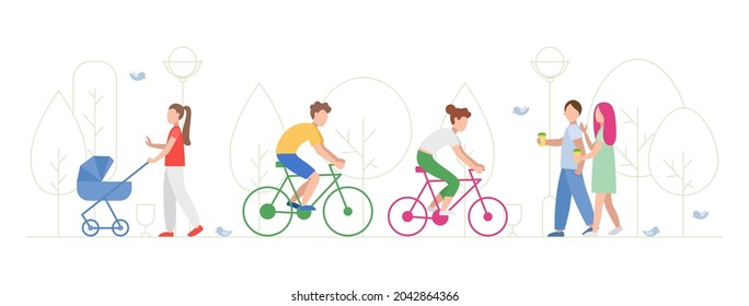 Ilustración vectorial de la gente en el parque. Ilustración plana de la gente. Deportes en el parque. Caminata de amantes. La caminata de la joven madre con su recién nacido