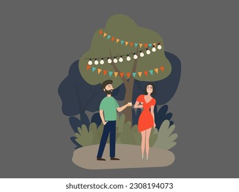 Vector illustration. People at a party. Party on the street with lanterns. A man and a woman are drinking. Fun company. Barbecue evening. A special event.