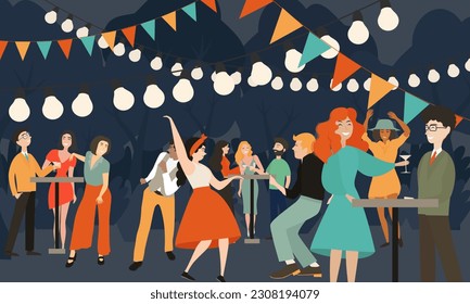 Vector illustration. People at a party. Party on the street with lanterns. A man and a woman are drinking. Fun company. Barbecue evening. A special event.