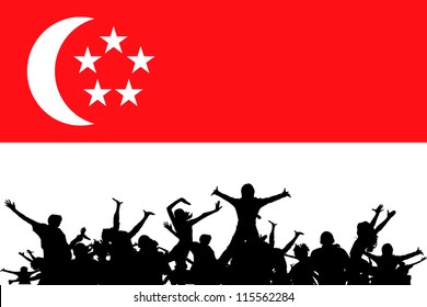 Vector Illustration Of People Partying On The Flag Of Singapore