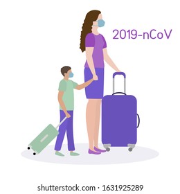 Vector illustration People passengers wearing breathing mask to protect from 2019-nCoV China pathogen respiratory coronavirus SARS pandemic risk alert Chinese ncov corona virus Design for web, print