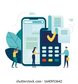 Vector illustration, people pay bills via terminal, contactless payment concepts with hand holding a card and POS terminal in flat design