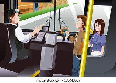 A vector illustration of people paying for bus fare