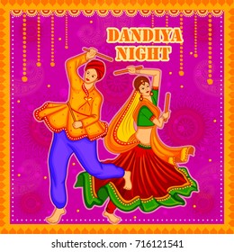 vector illustration of people performing Garba dance on poster banner design for Dandiya Night