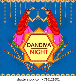 vector illustration of people performing Garba dance on poster banner design for Dandiya Night
