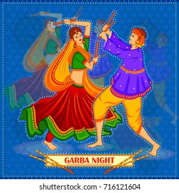 vector illustration of people performing Garba dance on poster banner design for Dandiya Night