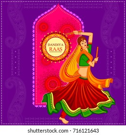 vector illustration of people performing Garba dance on poster banner design for Dandiya Night