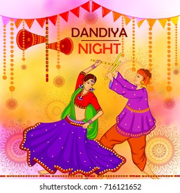 vector illustration of people performing Garba dance on poster banner design for Dandiya Night