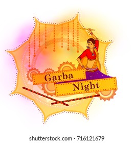 vector illustration of people performing Garba dance on poster banner design for Dandiya Night