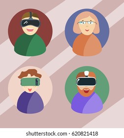 Vector illustration with people placed on the color background. Arts of different virtual reality elements drawn in flat style. Perfect for textile or book covers, manufacturing, scrapbooking.