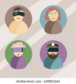 Vector illustration with people placed on the color background. Arts of different virtual reality elements drawn in flat style. Perfect for textile or book covers, manufacturing, scrapbooking.