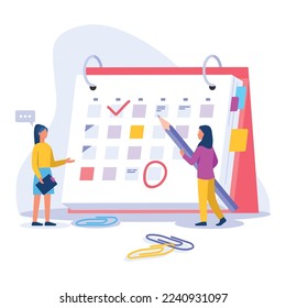Ilustración vectorial de los horarios de planificación de personas. Escena de caricaturas con chicas que comparten el horario de trabajo en el calendario con fondo blanco.