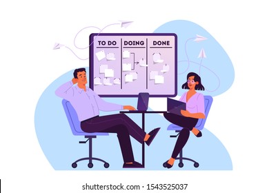 Vector illustration of people plan their schedule, priority task and checking an agenda. Woman and man sitting on chair working on their laptop. An idea of Kanban board, time management