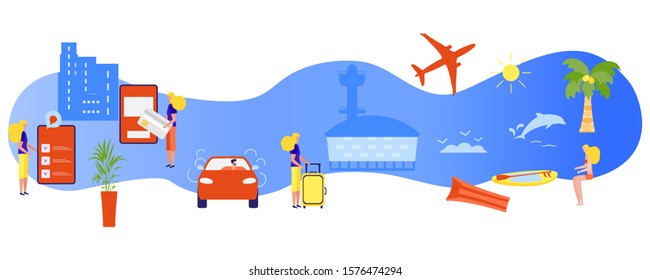 Vector illustration People plan vacation, book tour, pay, fly to rest. Family travel. Summer time, holiday, enjoying rest. Concept for online travel agency, booking service. Design for web page, print