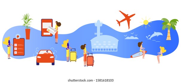 Vector illustration People plan vacation, book tour, pay, fly to rest. Family travel. Summer time, holiday, enjoying rest. Concept for online travel agency, booking service. Design for web page, print