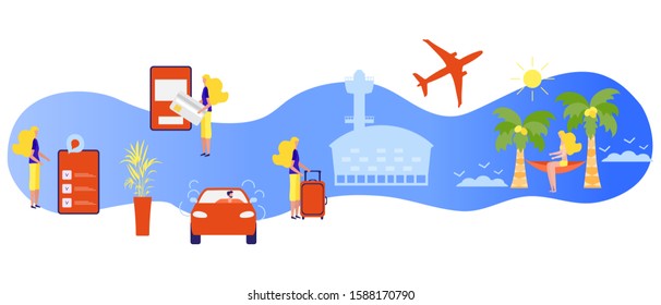 Vector illustration People plan vacation, book tour, pay, fly to rest. Family travel. Summer time, holiday, enjoying rest. Concept for online travel agency, booking service. Design for web page, print