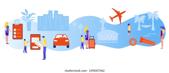 Vector illustration People plan vacation, book tour, pay, fly to rest. Family travel. Summer time, holiday, enjoying rest. Concept for online travel agency, booking service. Design for web page, print
