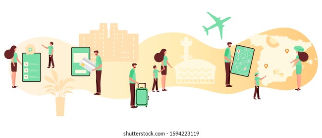 Vector illustration People plan vacation, book tour, pay, fly to rest. Family travel. Summer time, holiday, enjoying rest. Concept for online travel agency, booking service. Design for web page, print