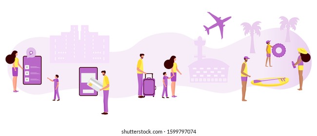 Vector illustration People plan vacation, book tour, pay, fly to rest. Family travel. Summer time, holiday, enjoying rest. Concept for online travel agency, booking service. Design for web page, print