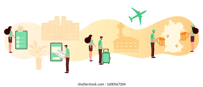 Vector illustration People plan vacation, book tour, pay, fly to rest. Family travel. Summer time, holiday, enjoying rest. Concept for online travel agency, booking service. Design for web page, print