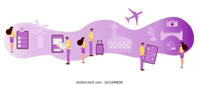 Vector illustration People plan vacation, book tour, pay, fly to rest. Family travel. Summer time, holiday, enjoying rest. Concept for online travel agency, booking service. Design for web page, print