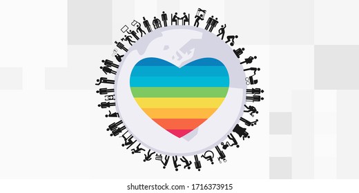 vector illustration of people planet and rainow heart for LGBT community support worldwide