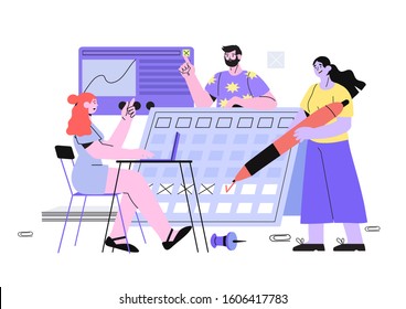 Vector illustration of people planning  their work. Time management, sheduling, productive office work organization concept for banners, flyers, web design. Characters drawing a tick in a calendar.