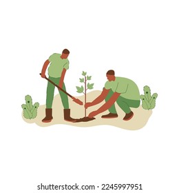 Vektorgrafik von Menschen, die Bäume pflanzen. Konzept der Rettung der Erde. Ökologie-Freiwilligenkonzept. Design für Ökologie-Aktivismus
