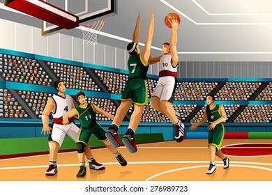 A vector illustration of people playing basketball in the competition for sport competition series