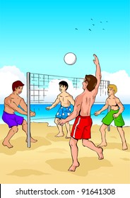 Vector illustration of people playing beach volleyball