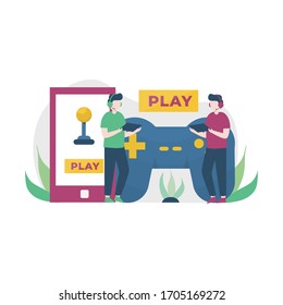 Vector illustration of people playing games, suitable for landing pages, UI, websites, mobile applications, editorials, posters, leaflets, articles, and banners