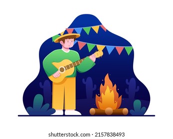 Vector Illustration of People Playing Guitar Near Bonfire To Celebrate Festa Junina at Nighttime.
Can be used for greeting card, web, postcard, social media, print, etc