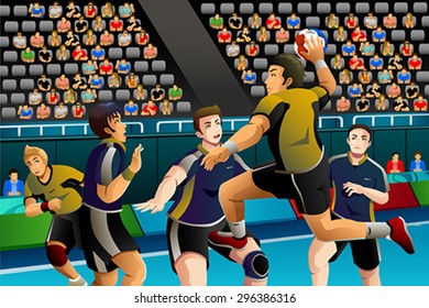 Una ilustración vectorial de las personas que juegan a balonmano en la serie de competición deportiva