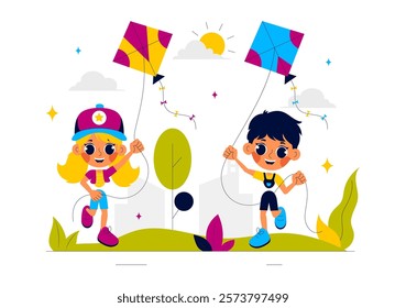 Vector Illustration of People Playing with Kites Outdoors, Featuring Joyful Summer Activities, Holiday Fun, and Happiness in a Flat Cartoon Background