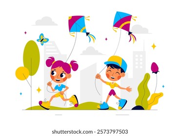 Vector Illustration of People Playing with Kites Outdoors, Featuring Joyful Summer Activities, Holiday Fun, and Happiness in a Flat Cartoon Background