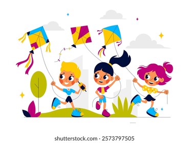 Vector Illustration of People Playing with Kites Outdoors, Featuring Joyful Summer Activities, Holiday Fun, and Happiness in a Flat Cartoon Background