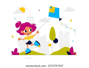 Vector Illustration of People Playing with Kites Outdoors, Featuring Joyful Summer Activities, Holiday Fun, and Happiness in a Flat Cartoon Background