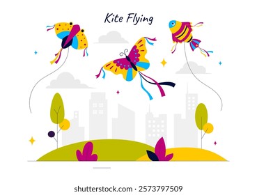 Vector Illustration of People Playing with Kites Outdoors, Featuring Joyful Summer Activities, Holiday Fun, and Happiness in a Flat Cartoon Background