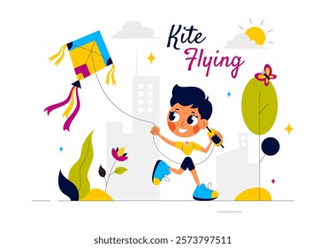 Vector Illustration of People Playing with Kites Outdoors, Featuring Joyful Summer Activities, Holiday Fun, and Happiness in a Flat Cartoon Background