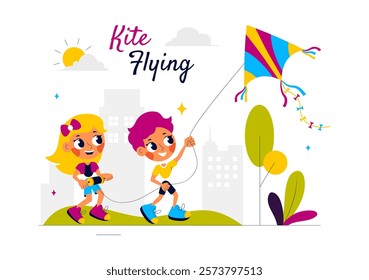 Vector Illustration of People Playing with Kites Outdoors, Featuring Joyful Summer Activities, Holiday Fun, and Happiness in a Flat Cartoon Background