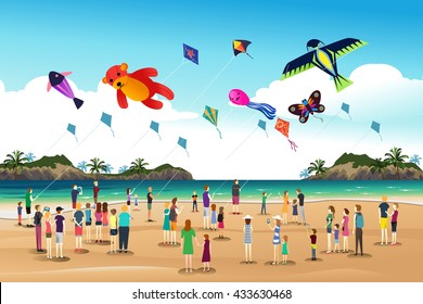 A vector illustration of people playing kites at the kite festival