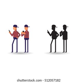 Vector illustration of people playing in phone. Boy and him silhouette in cartoon style