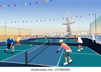 A Vector Illustration Of People Playing Pickleball In A Cruise Vacation 