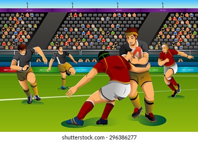 A vector illustration of people playing rugby seven in the competition for competition sport series