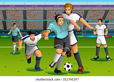 A vector illustration of people playing soccer in the competition for sport competition series