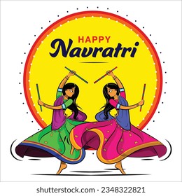 vector illustration of People playing traditional folk dance Garba on Dandiya night celebrating Navratri during Dussehra