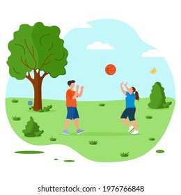 Vector illustration People playing volleyball in nature. Summer vacations outdoor. Having Fun. Sport games in city park. Physical activity outdoors. Design for print.