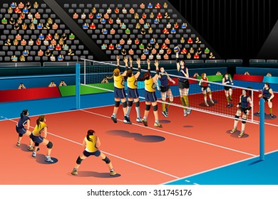 A vector illustration of people playing volleyball in the competition for sport competition series