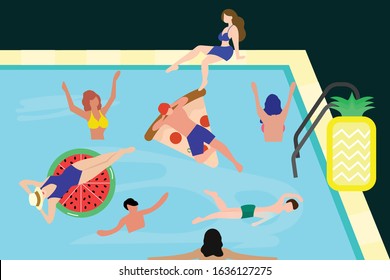 Vector illustration People Pool party on outdoor with pool float. Pool party, Summer water activities. on top view